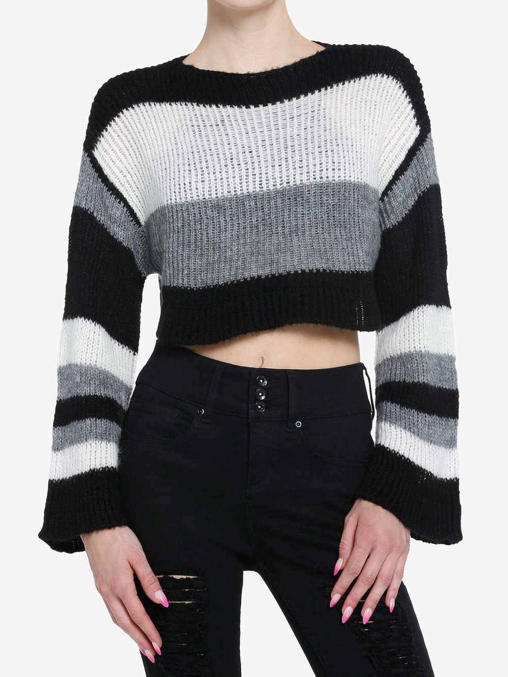Hot Topic Black Grey & White Striped Cropped Knit Sweater